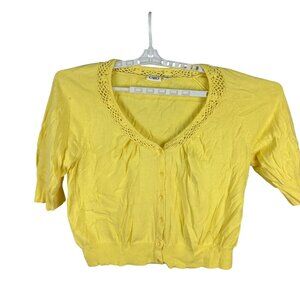 Cato Womens Yellow Crocheted Neck Cardigan Sweater Size XL 100% Cotton